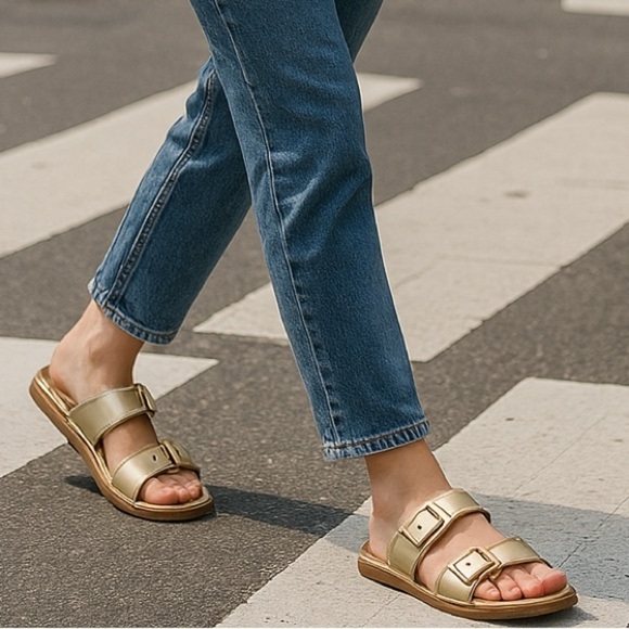 Cole Haan Shoes - Cole Haan Soft Gold Buckle Slide Sandals Women’s Size 9B NWT